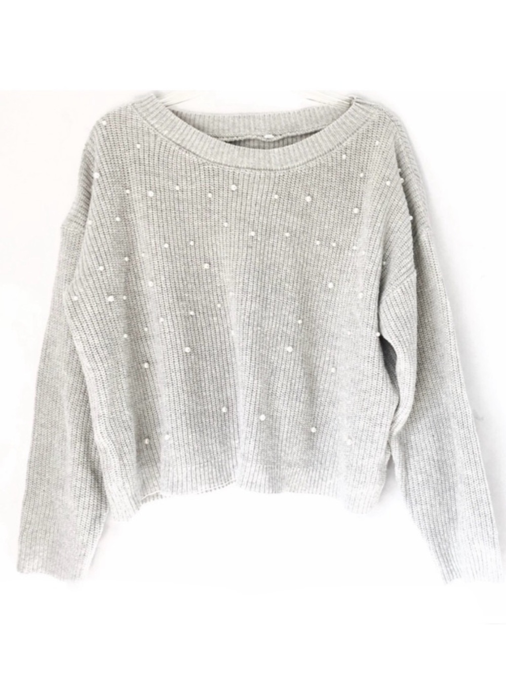 Oversized Gray Embellished  Boatneck Ribbed Sweater Medium